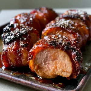 Macro photo of thick slices of roasted Bacon Brown Sugar Pork Tenderloin showing succulent pink center.