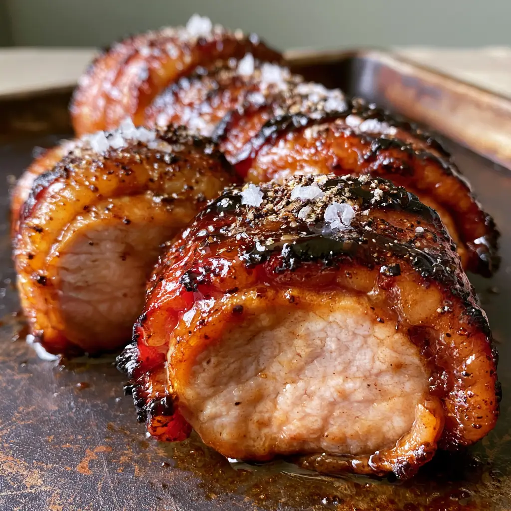 Slices of pork tightly wrapped in charred bacon with dark amber bubbling glaze and sea salt.