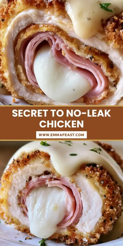 A professional Pinterest pin showing a cross-section of Chicken Cordon Bleu with molten Swiss cheese and a golden panko crust. (Chicken Cordon Bleu recipe)
