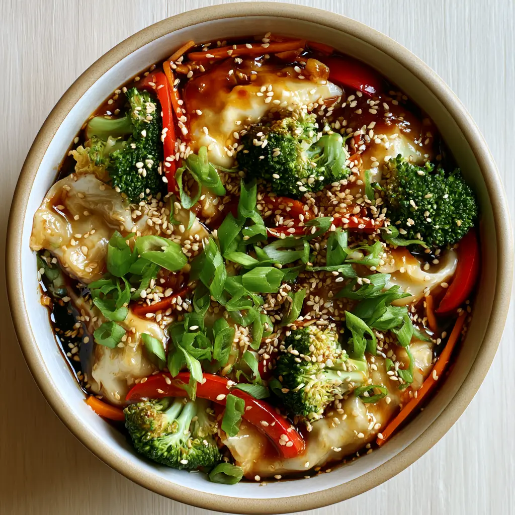 Detailed shot of glistening honey-soy glaze on pork potstickers with visible ginger bits and sesame seeds.