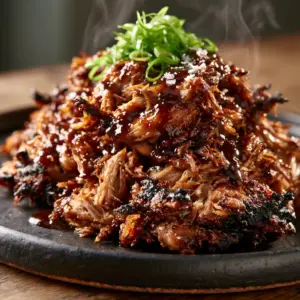 Extreme macro close-up of succulent shredded root beer pork showing fibrous muscle and glossy dark glaze.