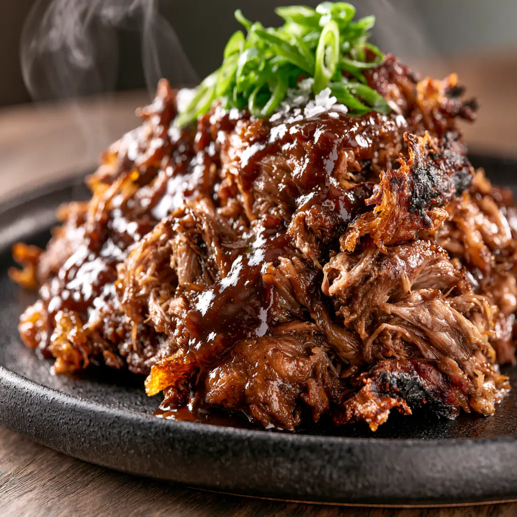 Close up of caramelized charred bark on root beer pork with green scallion garnish.
