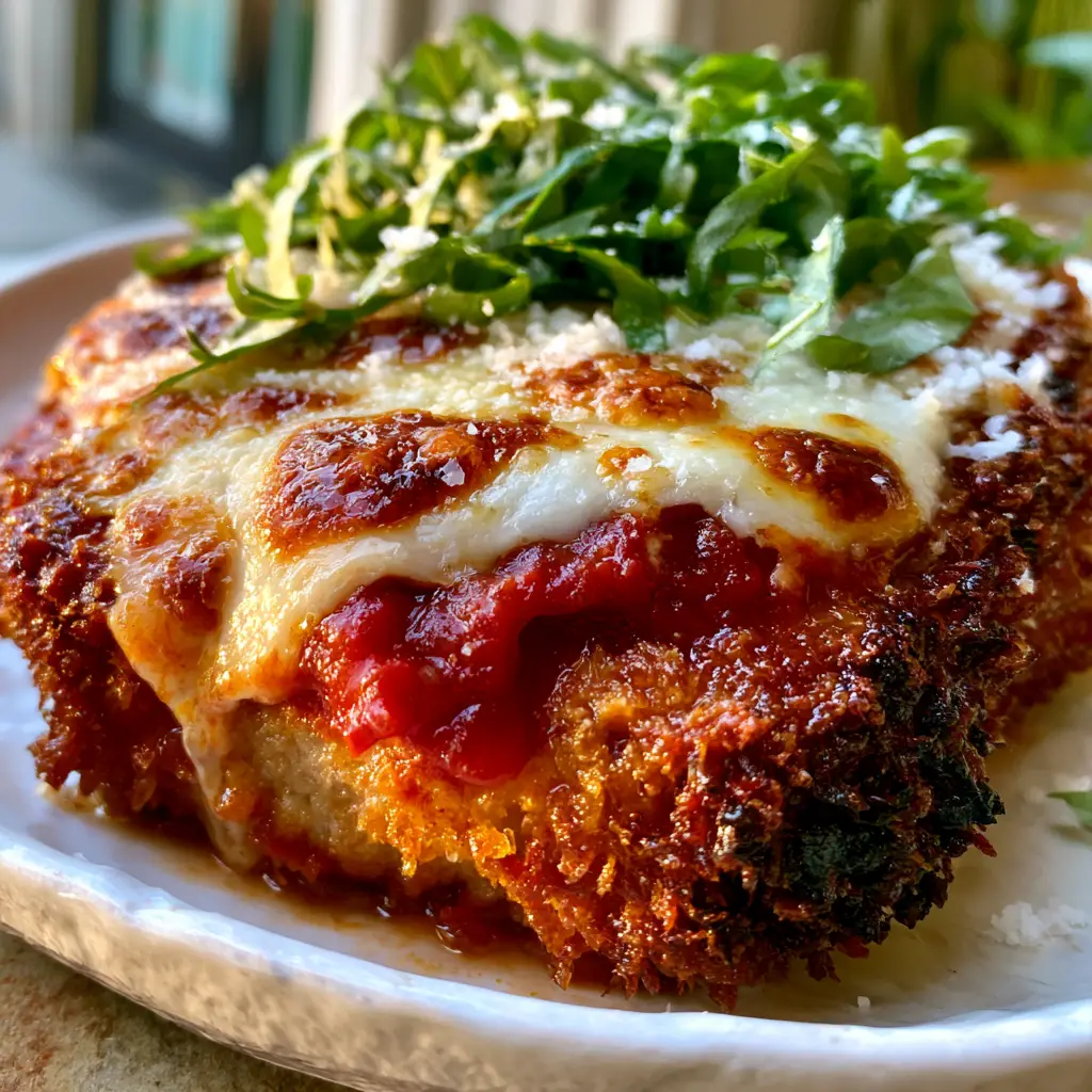 Pork Parmigiana topped with chunky marinara sauce and melted mozzarella on a rustic white plate.