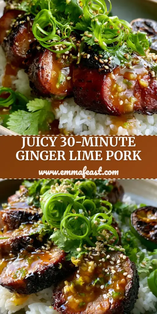 A close-up of mahogany-seared Ginger Lime Pork medallions on a bed of rice with curled scallions and sesame seeds.