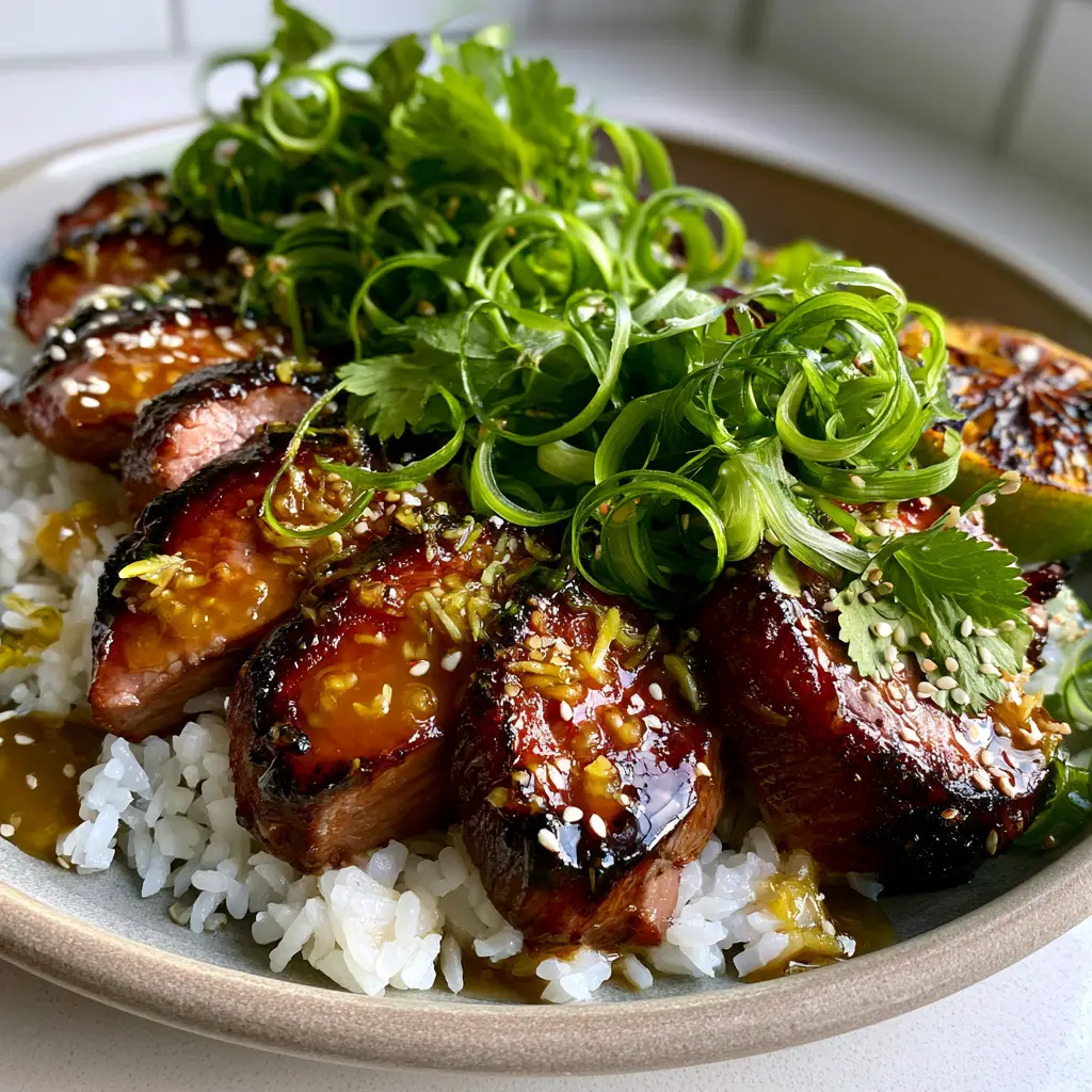 A modern stoneware plate featuring Ginger Lime Pork medallions with a thick, wet amber glaze and vibrant green scallion ribbons. (Ginger Lime Pork)