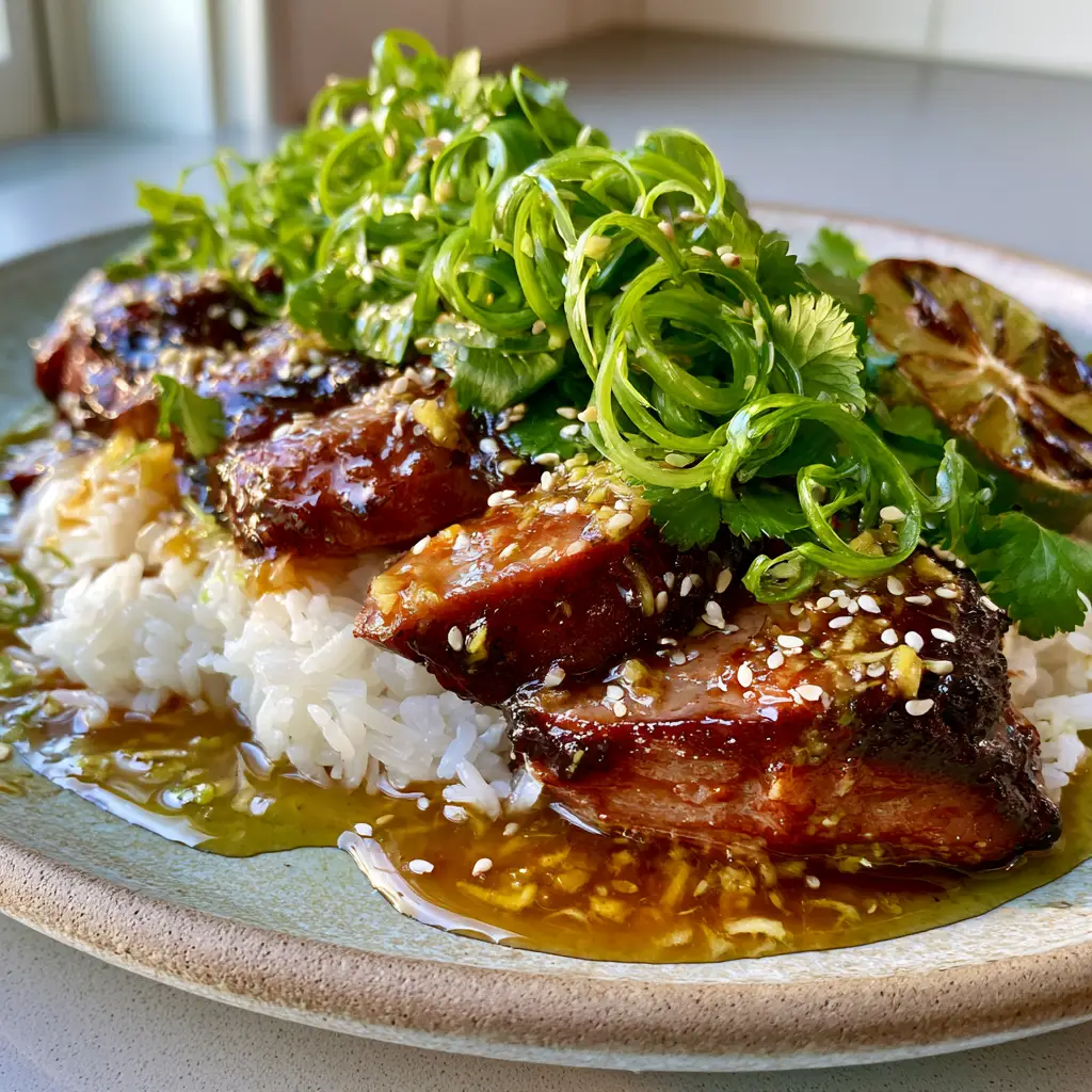 Close-up of seared pork with a translucent ginger-lime glaze, grated ginger bits, and toasted sesame seeds. (Ginger Lime Pork)