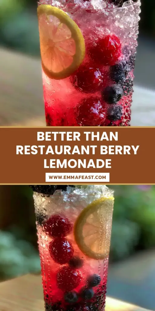 A tall glass of Triple Berry Lemonade with muddled berries at the bottom, pink lemonade, crushed ice, and fresh mint on a light wood surface. (Triple Berry Lemonade)