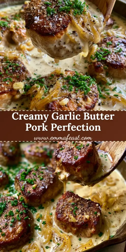 A rustic cast iron skillet filled with seared pork medallions in a creamy ivory onion gravy topped with chives. (pork medallions in onion gravy)