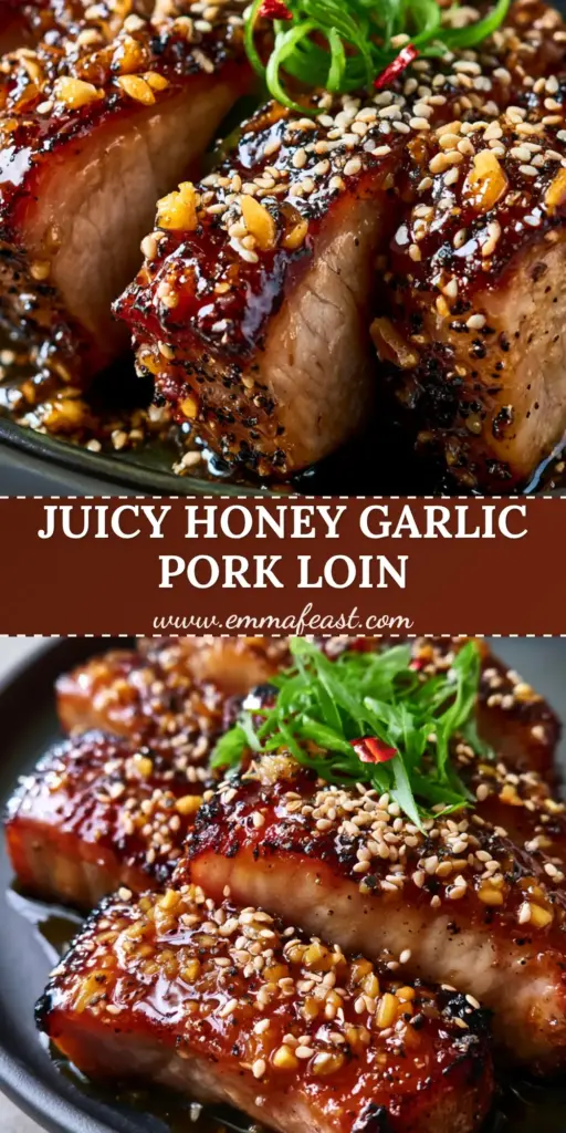 Thick slices of seared pork loin with bubbling amber honey garlic glaze on a dark plate. (Chinese Pork Loin Recipes)