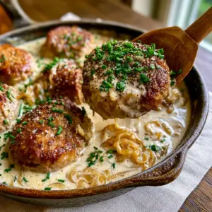 High-detail shot of a wooden spoon lifting a seared pork medallion from a thick ivory cream sauce. (pork medallions in onion gravy)
