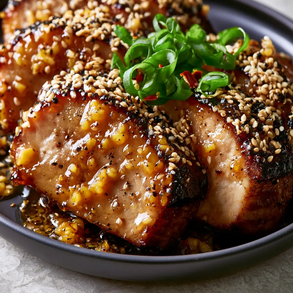 Extreme close-up of succulent seared pork loin with translucent honey garlic glaze and golden garlic. (Chinese Pork Loin Recipes)