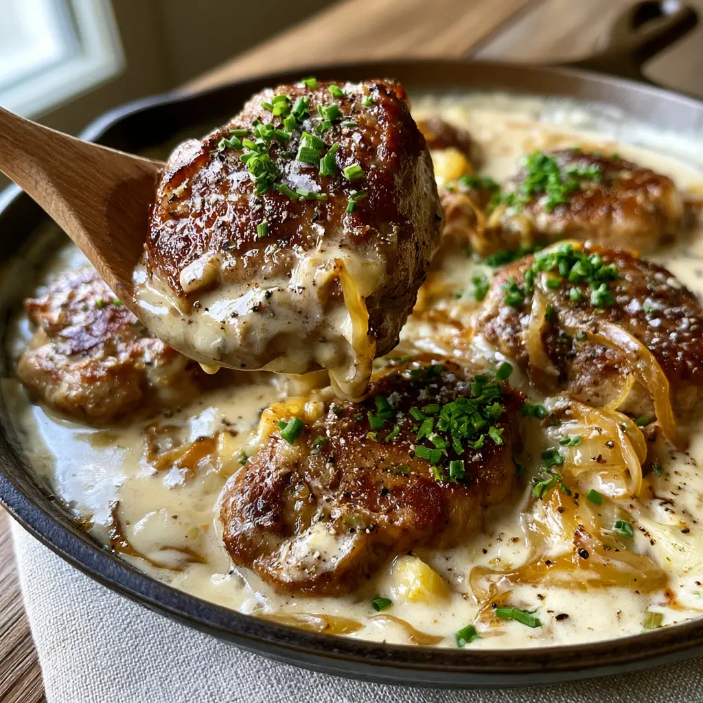 Top-down view of a cast iron skillet with pork medallions in onion gravy garnished with green chives and black pepper.