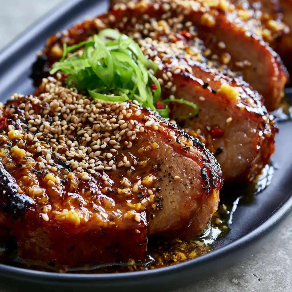 Thick succulent slices of pork loin coated in sticky sauce with sesame seeds and green scallions. (Chinese Pork Loin Recipes)