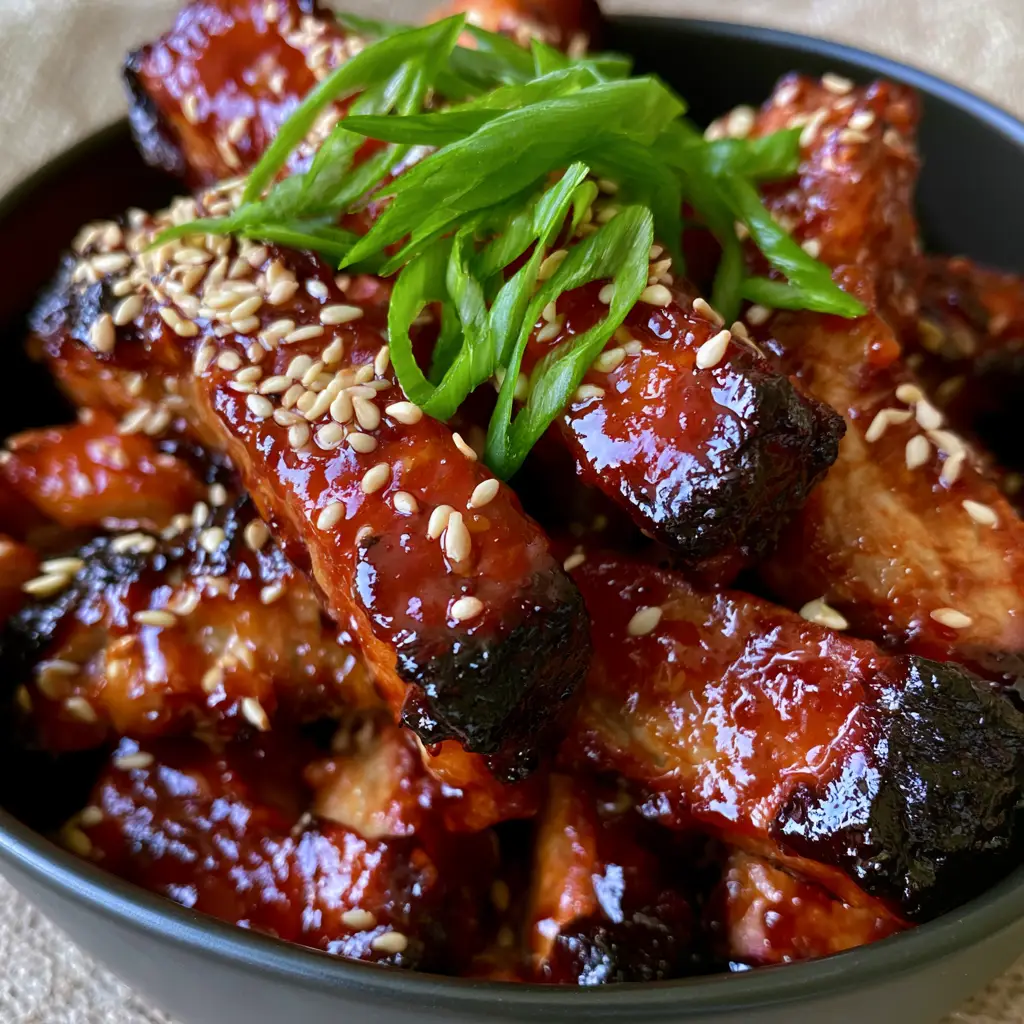 Macro shot of glistening Chinese style pork strips with charred edges. (Chinese style pork)