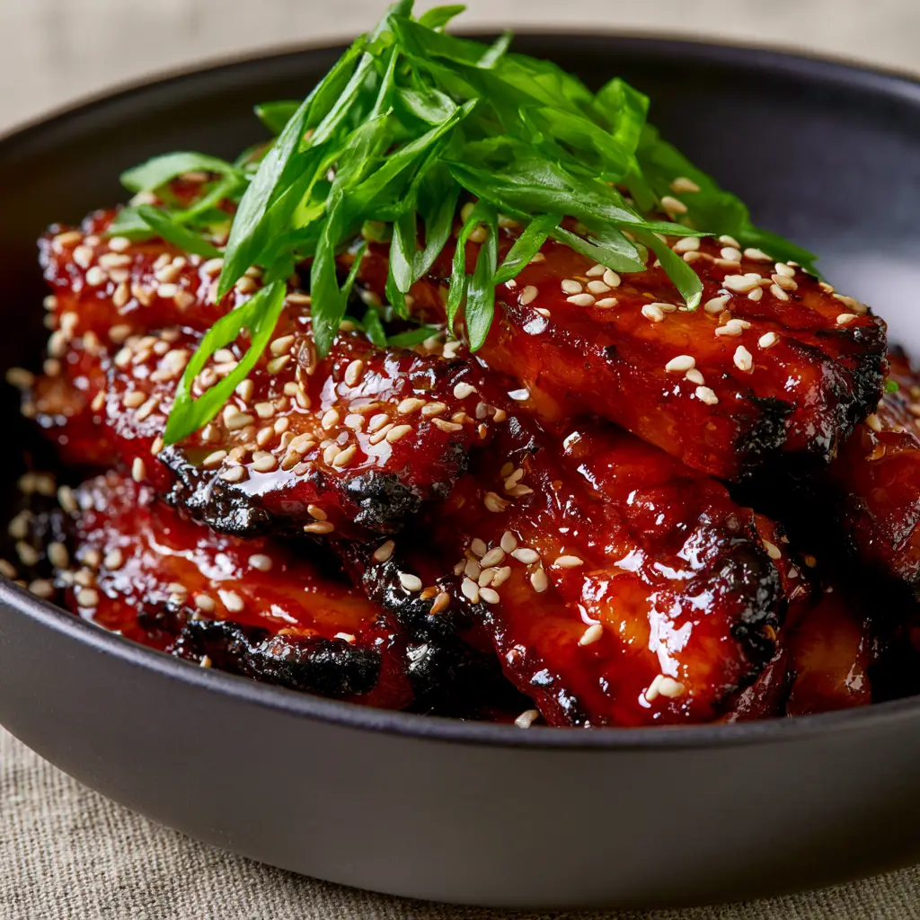 Close up of Chinese style pork sliced thin with green scallions and sesame seeds. (Chinese style pork)