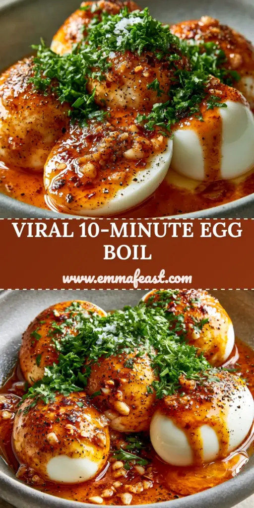 A top-down view of five halved hard-boiled eggs in a grey bowl drenched in a vibrant TikTok egg boil garlic butter sauce with fresh parsley.