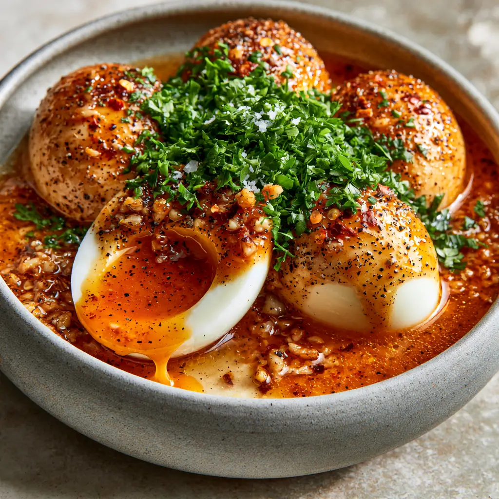 Close up photo of five halved eggs in a reddish-orange garlic butter sauce, textured with red pepper flakes and parsley. (TikTok egg boil)
