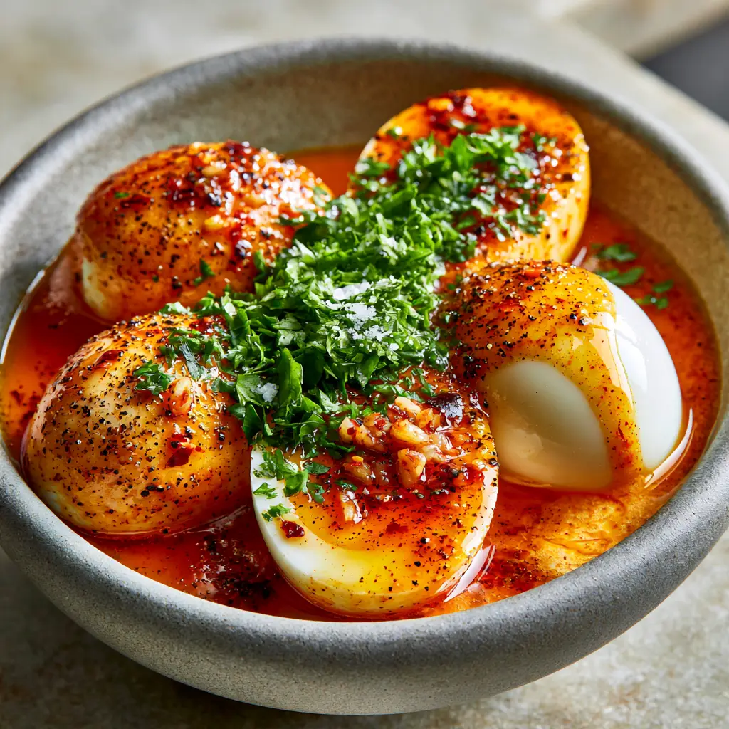 Halved eggs drizzled with spicy garlic butter sauce in a matte grey bowl. (TikTok egg boil)