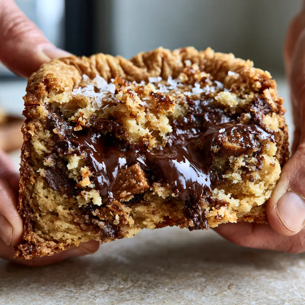 Macro photo of bakery style chocolate chip cookies being pulled apart, showing steaming soft centers and dark chocolate chunks.