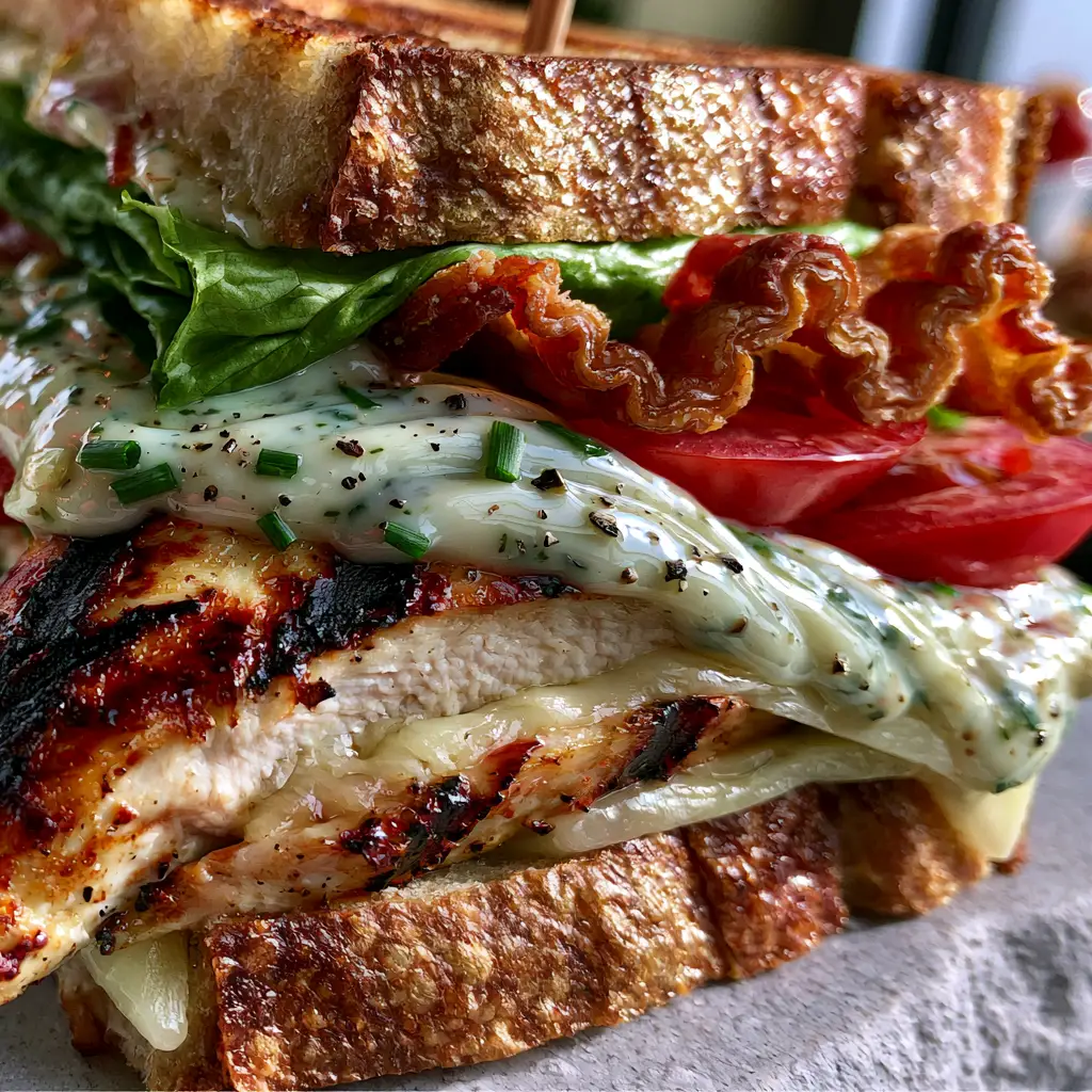 Macro close-up of a chicken club sandwich cross-section showing melted white cheddar, chive mayo, and heirloom tomatoes.