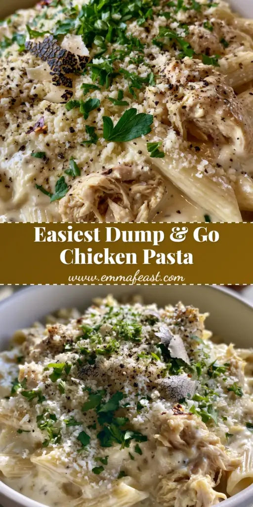 A handheld smartphone photo of Crockpot Chicken Pasta in a white bowl with a snowfall of parmesan and toasted garlic bread in the background.