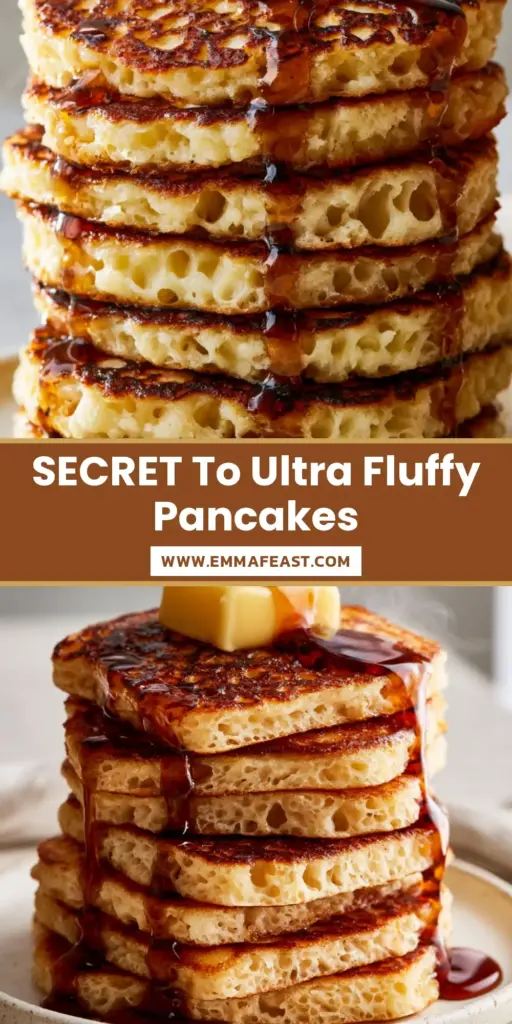 A towering stack of seven thick buttermilk pancakes on a stoneware plate with dripping maple syrup. (fluffy pancakes recipe)