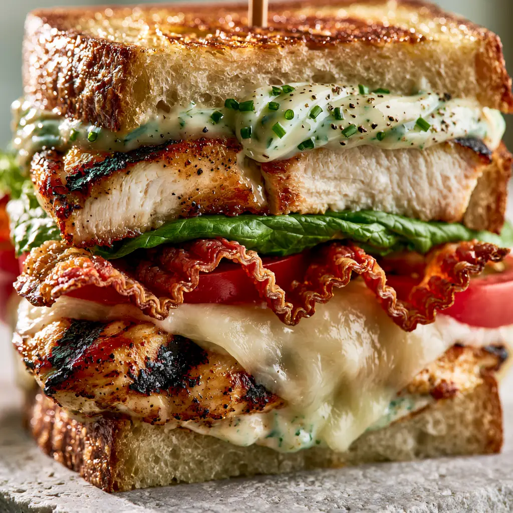 Chicken Club Sandwich: The Ultimate Gourmet Triple-Decker Recipe 1 A handheld style photo of a grilled chicken club sandwich with deep golden toasted sourdough and crispy bacon.