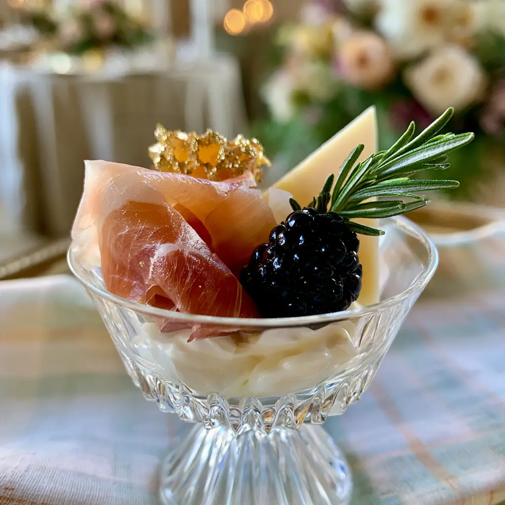 Individual fluted glass cup with prosciutto, blackberry, and rosemary for baby shower food ideas.