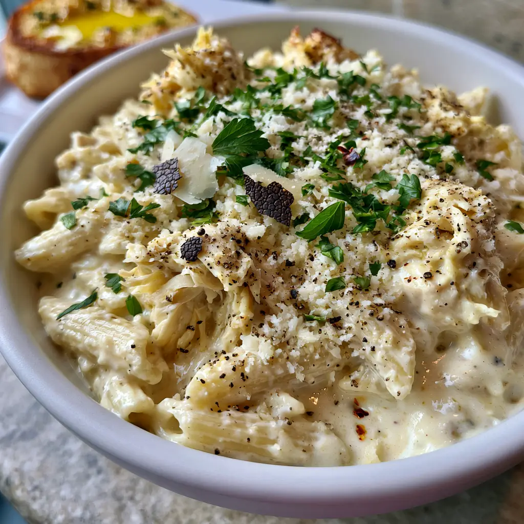 Close up of shredded slow-cooked chicken and penne pasta in a rich cream sauce with cracked black pepper. (Crockpot Chicken Pasta)