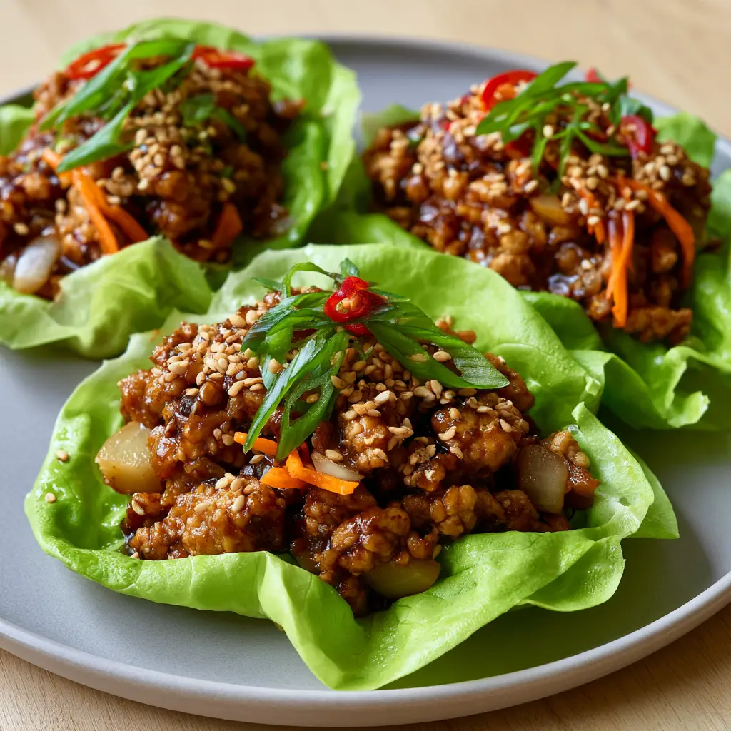Detailed view of mahogany-colored ginger-garlic glaze on turkey crumbles with grated carrots and sesame seeds. (ground turkey lettuce wraps)