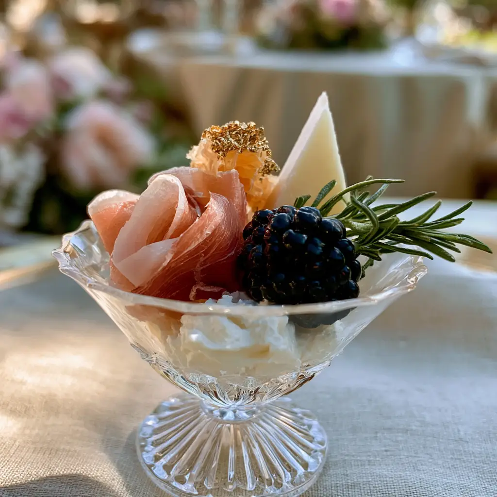 Baby Shower Food Ideas: The Ultimate Luxury Whipped Honey Goat Cheese Charcuterie Cups 1 Close up of gold-dusted honeycomb on whipped honey goat cheese base for baby shower food ideas.
