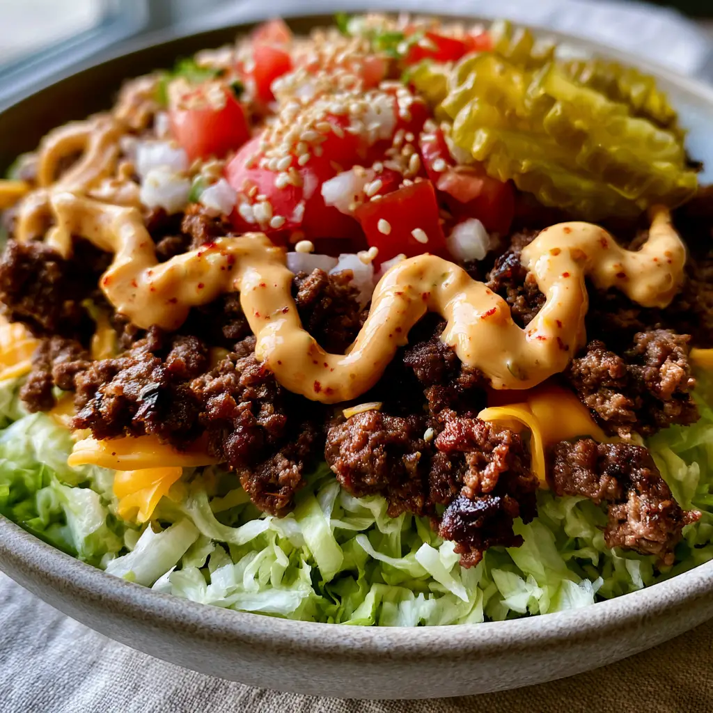A shallow ceramic bowl filled with finely shredded iceberg lettuce, topped with juicy beef, diced tomatoes, minced onions, and a thick glossy zigzag of secret sauce.