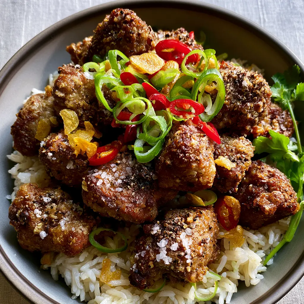 Top-down view of salt and pepper pork garnished with red chili rings, toasted garlic, and bias-cut scallions.