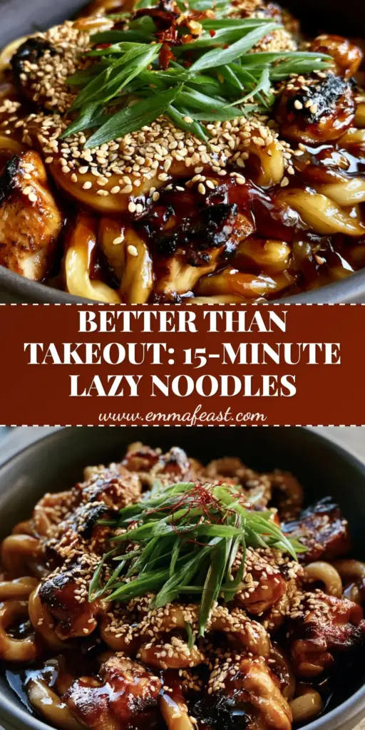 A close-up of chicken teriyaki noodles in a dark bowl with thick udon and glossy sauce. (chicken teriyaki noodles)