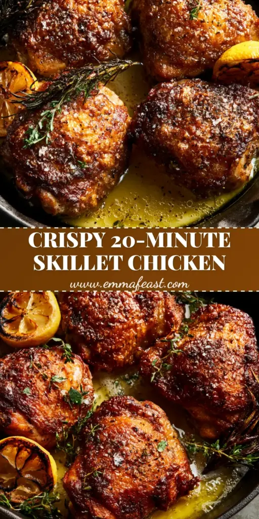 A close-up of Bobby Flay Chicken Thighs in a cast iron skillet with charred lemons and rosemary.