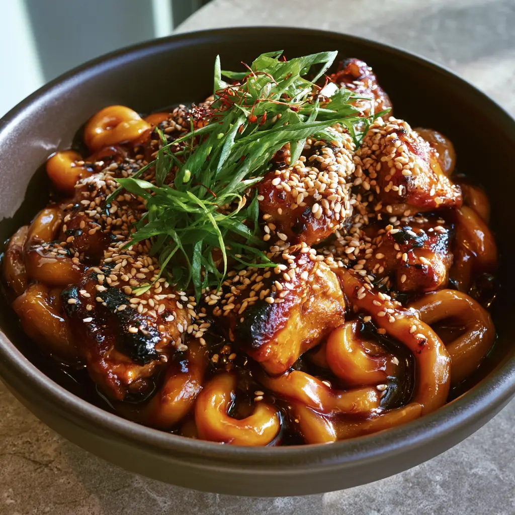 Close up of seared chicken thigh pieces in a dark amber teriyaki sauce. (chicken teriyaki noodles)