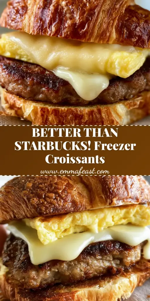 Croissant Breakfast Sandwich with Seared Sausage and Sharp Cheddar 4 A close-up handheld shot of a gourmet croissant breakfast sandwich with melted white cheddar, seared sausage, and fluffy eggs over a linen napkin.