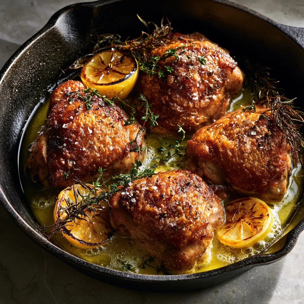 Sizzling Bobby Flay Chicken Thighs with fried rosemary and charred lemon halves.