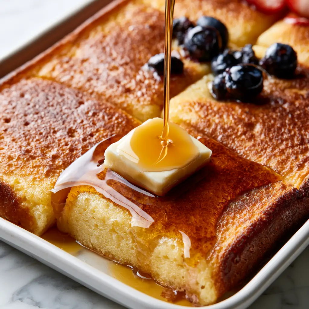 A stream of dark amber maple syrup cascading over thick pancake squares with bursting blueberries.