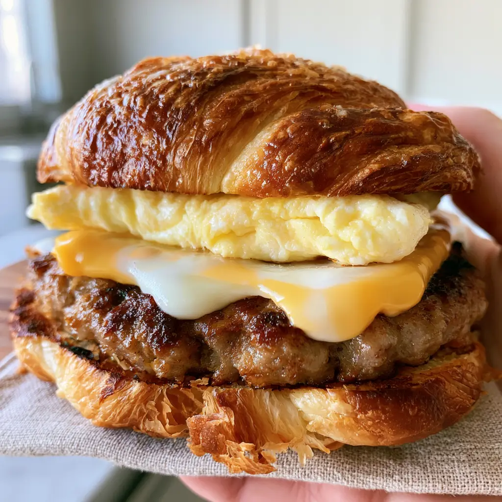 Croissant Breakfast Sandwich with Seared Sausage and Sharp Cheddar 2 Macro photo of a croissant breakfast sandwich showing the deep golden-brown lamination and shards of pastry flakes.