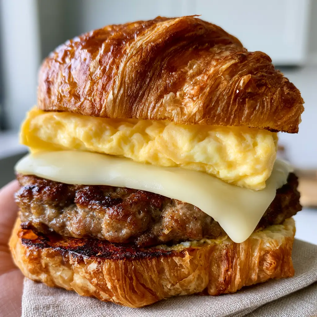 Croissant Breakfast Sandwich with Seared Sausage and Sharp Cheddar 1 A croissant breakfast sandwich being held, showing the thick slice of melted white cheddar drooping over the seared pork patty.