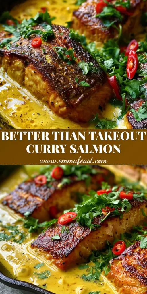 A rustic black cast iron skillet containing seared salmon fillets in a vibrant golden coconut curry sauce. (coconut curry salmon recipe)