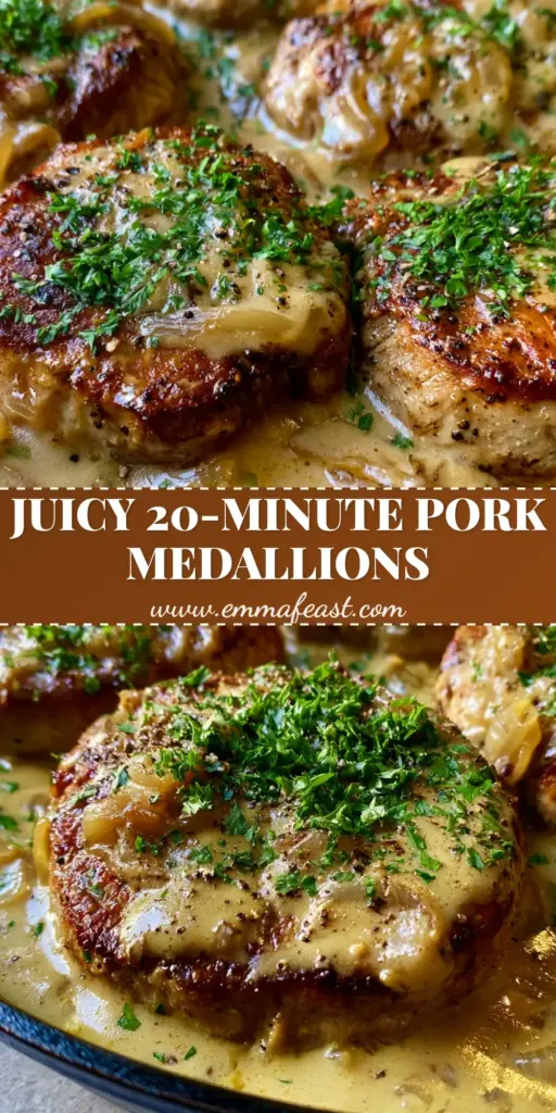 A close-up shot of pan-seared pork medallions with onion gravy in a cast iron skillet, topped with parsley and coarse pepper.