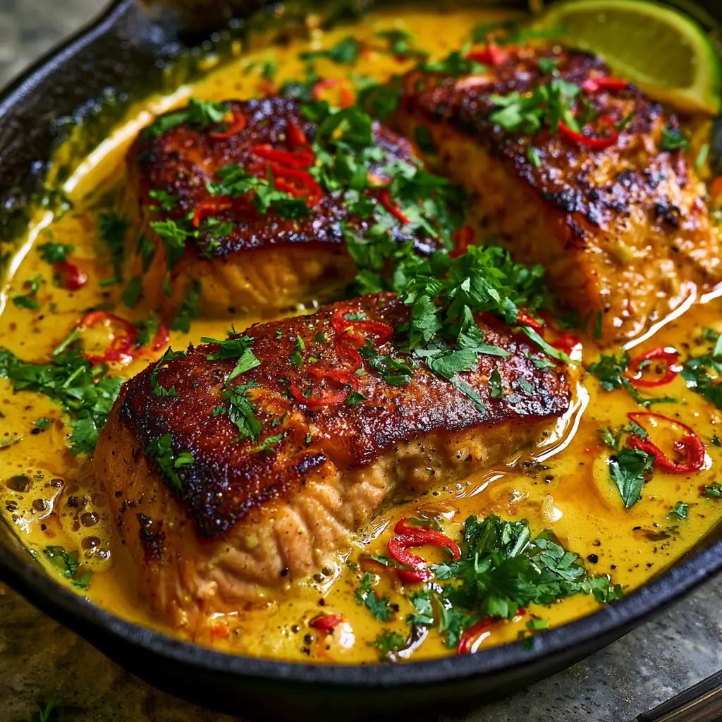 Top-down view of a cast iron skillet with salmon submerged in a glossy, vibrant yellow coconut curry sauce.