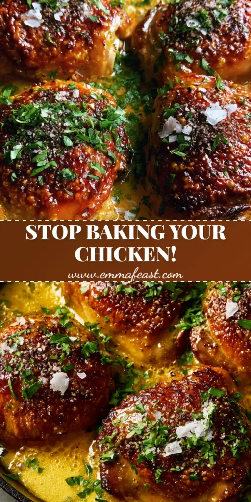 A top-down view of Bobby Flay's Chicken Thighs in a cast iron skillet with honey mustard glaze and fresh parsley.