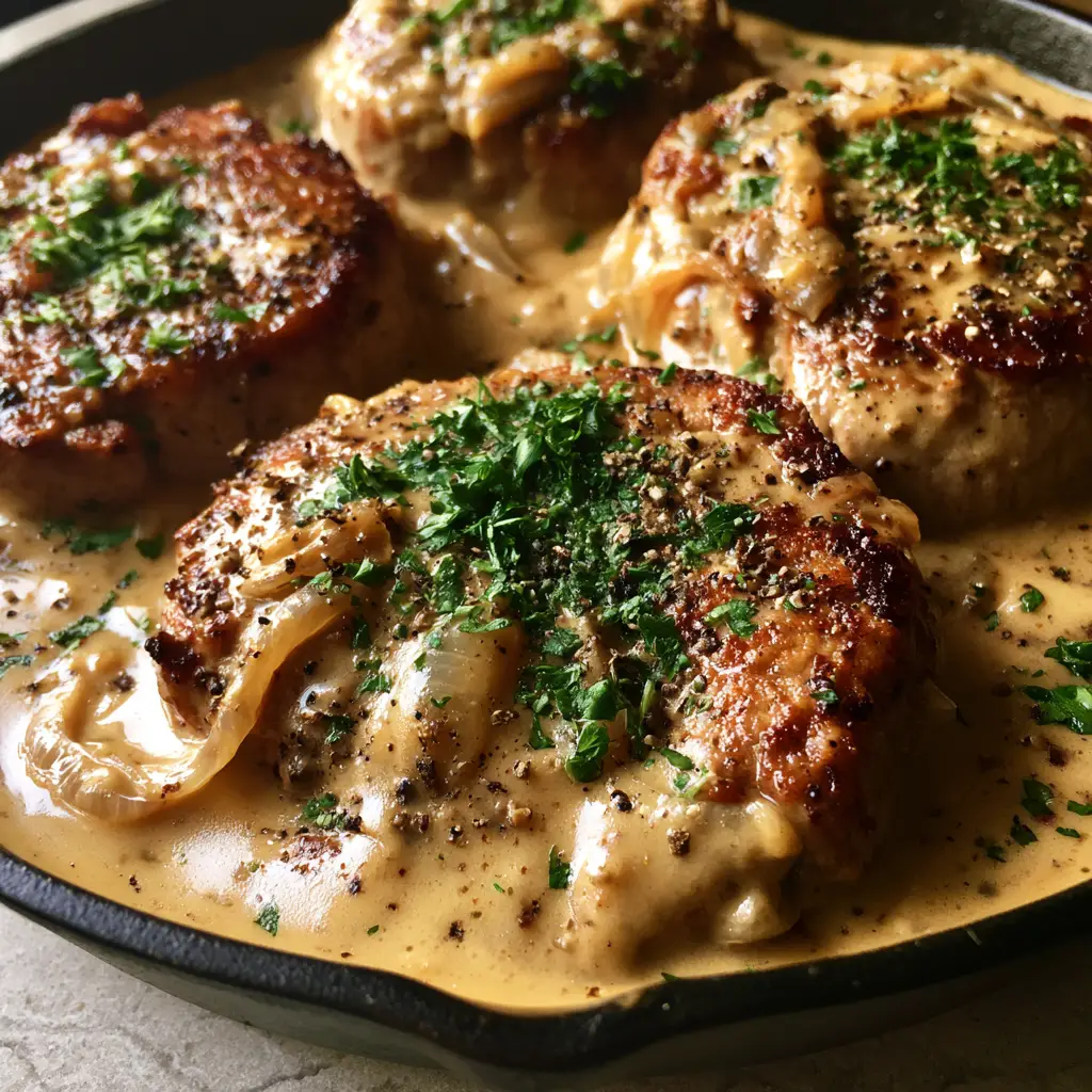 A close-up of translucent caramelized onion slivers in a thick velvety gravy surrounding pork medallions. (pork medallions with onion gravy)