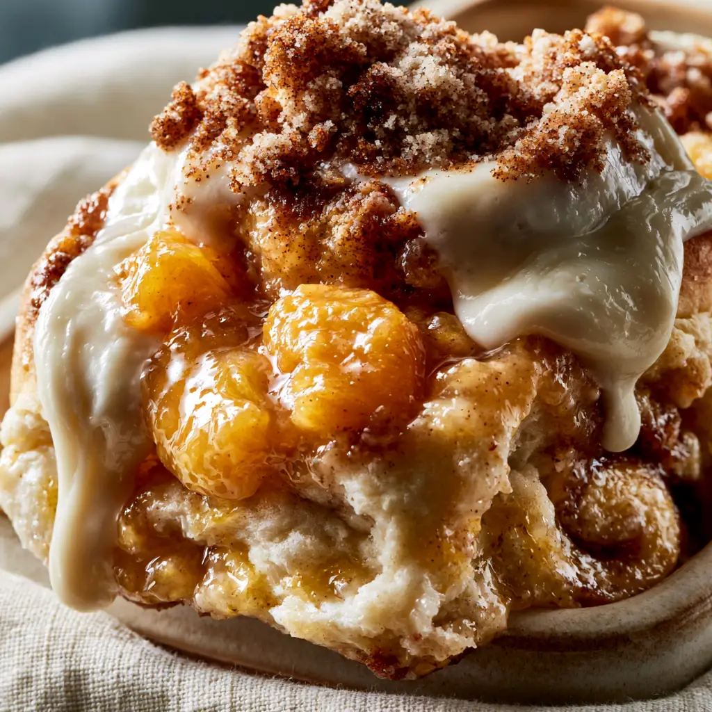 Close-up of fluffy yeast dough swirls in Peach Cobbler Cinnamon Rolls topped with toasted cinnamon brown sugar crumble.