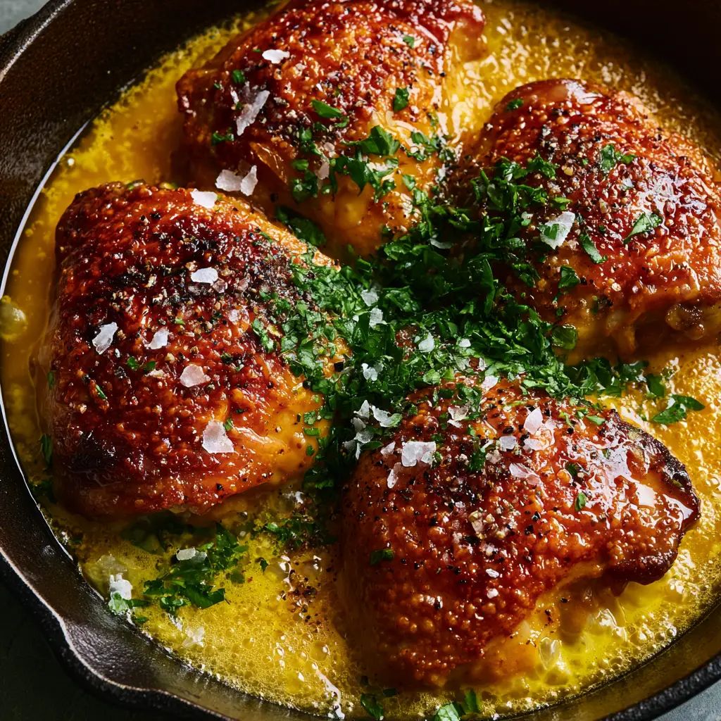 Four bone-in chicken thighs in a bubbling golden sauce in a cast iron skillet. (Bobby Flay's Chicken Thighs)