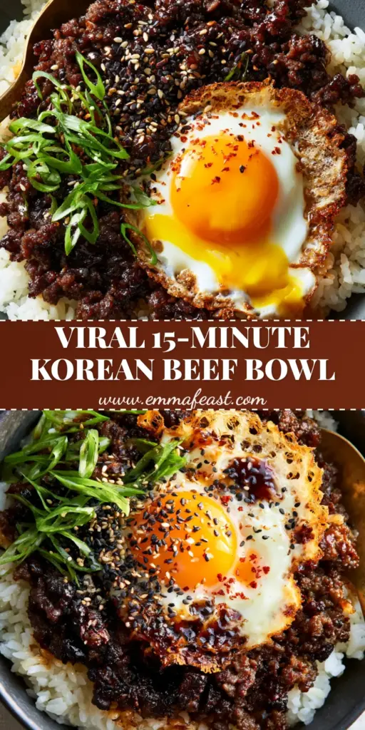 Korean Bulgogi Beef Bowl with Crispy Mahogany Crumbles 4 A top-down view of a Korean Bulgogi Beef Bowl featuring caramelized mahogany beef, a lacy-edged fried egg with a runny orange yolk, and bias-cut scallions in a charcoal bowl.
