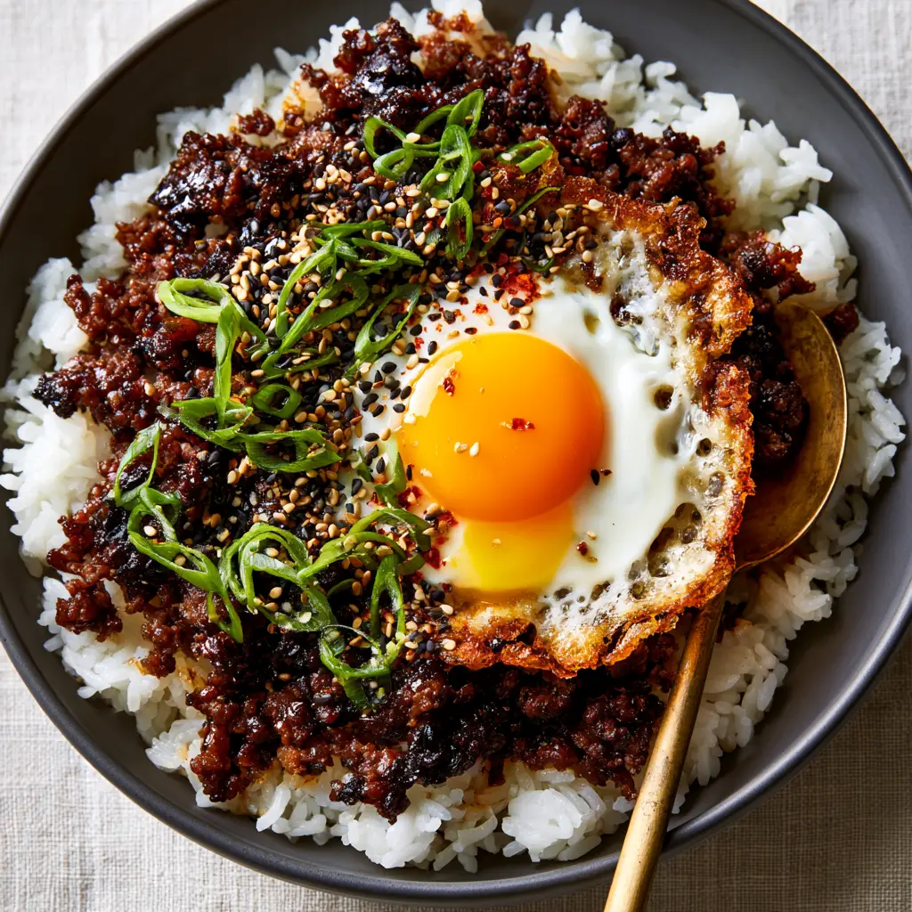 Korean Bulgogi Beef Bowl with Crispy Mahogany Crumbles 1 Close-up of a fried egg with lacy golden-brown edges and a vibrant orange runny yolk atop a Korean Bulgogi Beef Bowl.